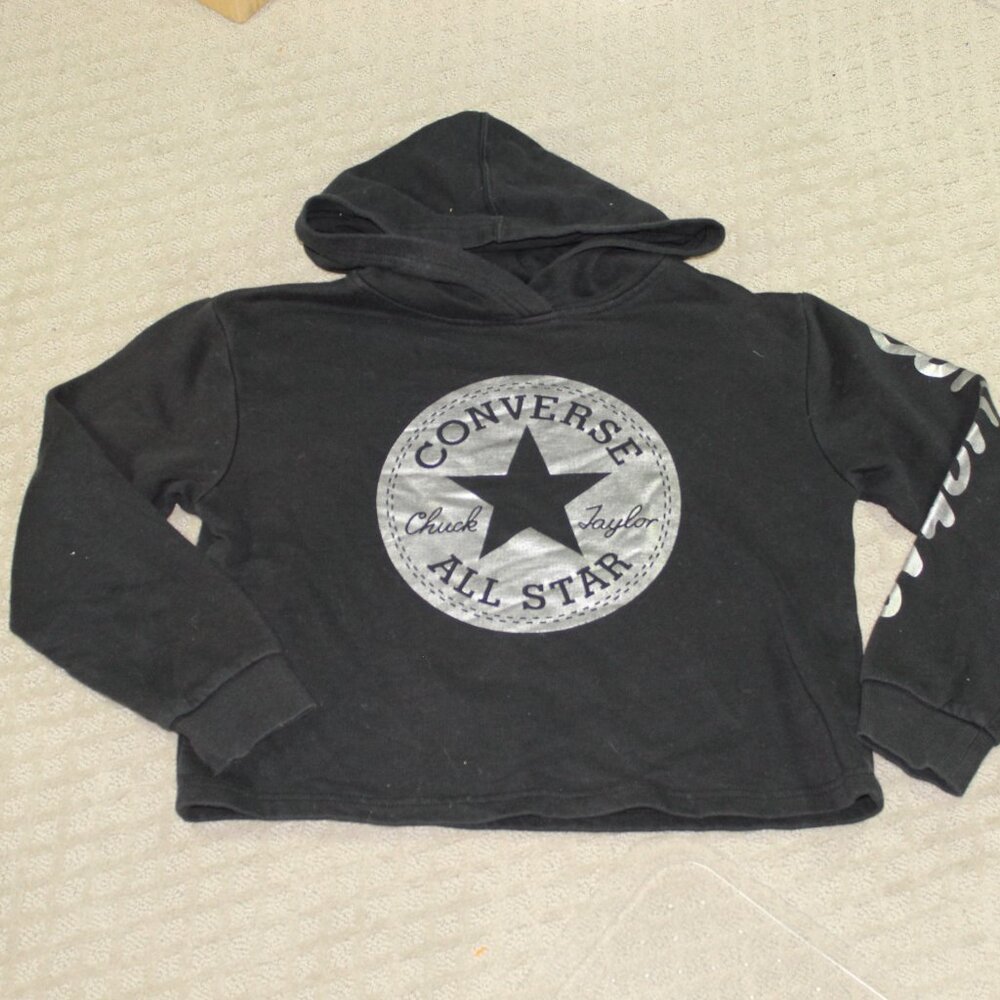 Converse Chuck Taylor All Star Size YL Black Silver Cropped Long Sleeve Hoodie